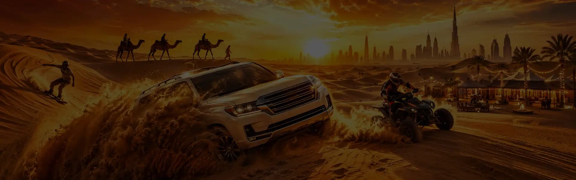 Camel caravan and 4x4 crossing the dunes at sunset