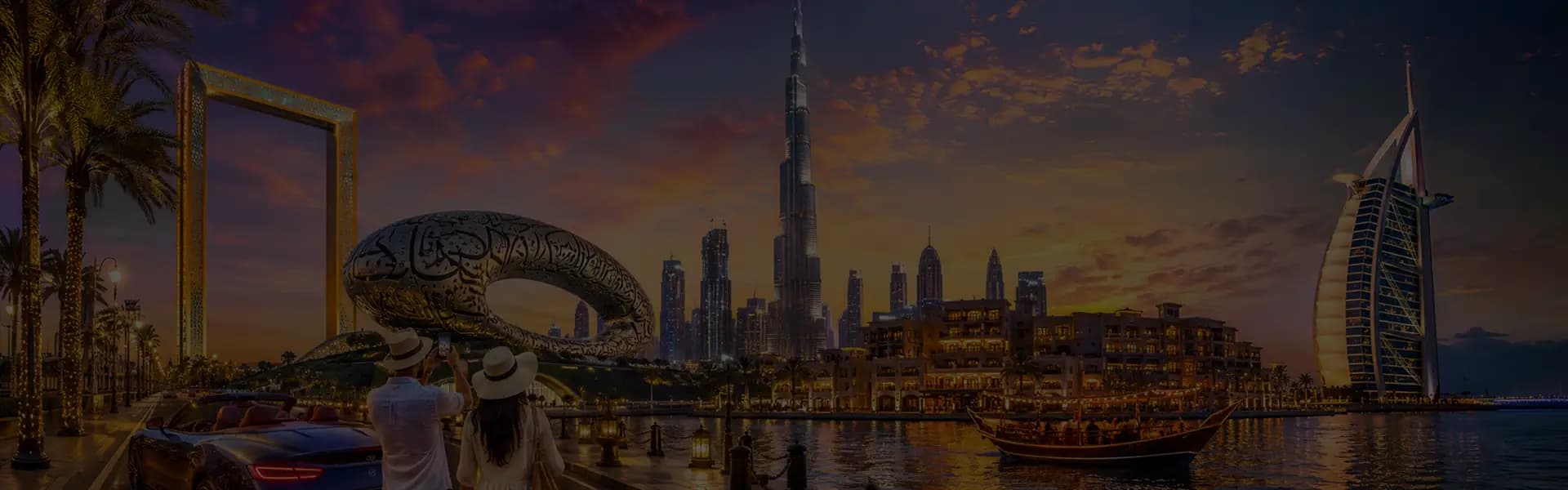 Museum of the Future and Burj Khalifa on the Dubai skyline at sunset