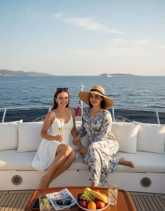 Guests relaxing on deck with a fruit platter