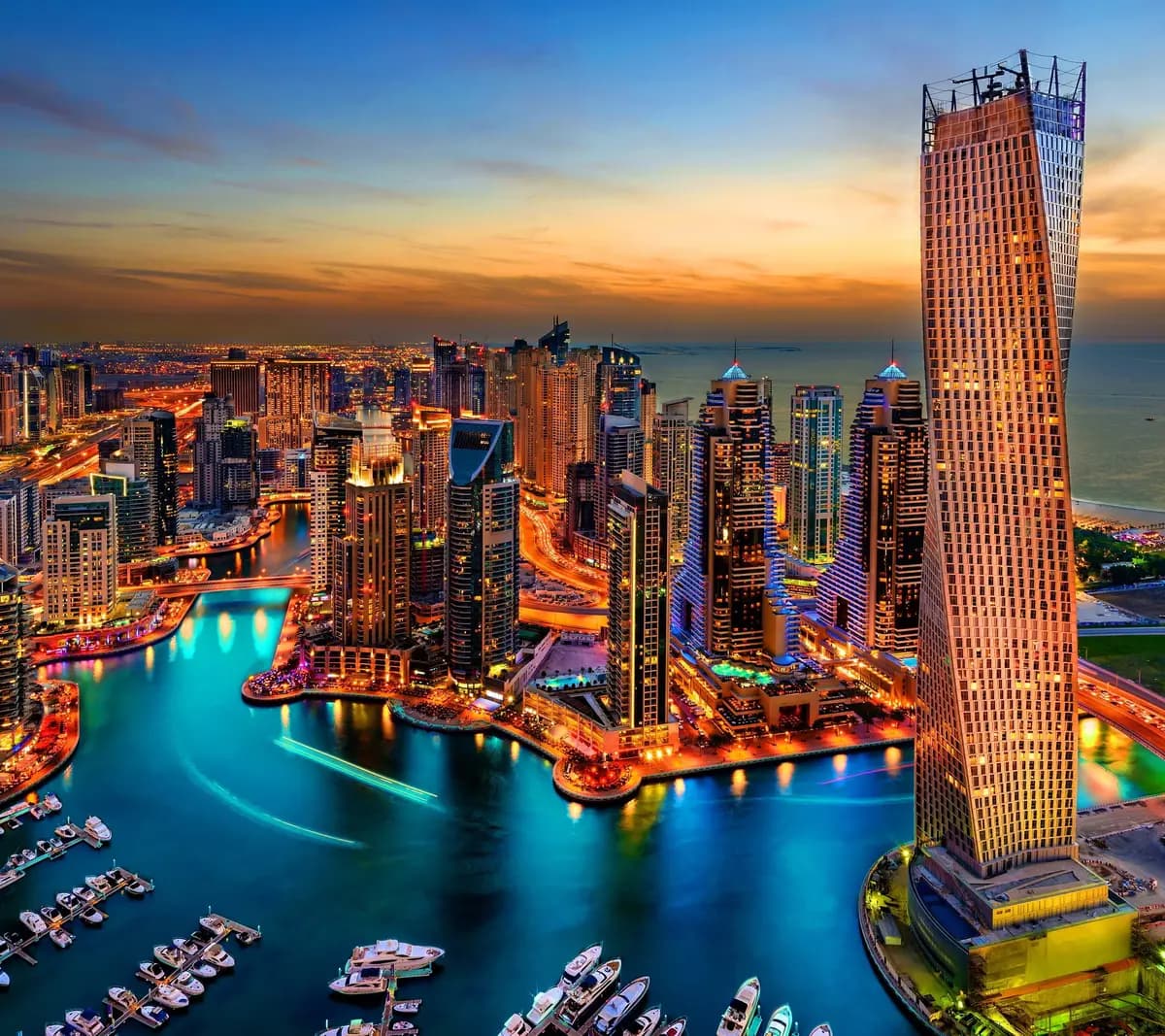 Dubai Marina towers lit up at night