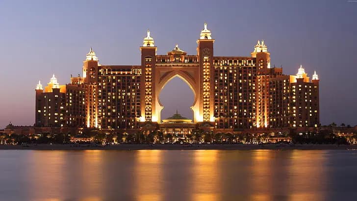 Atlantis The Palm lit up at night