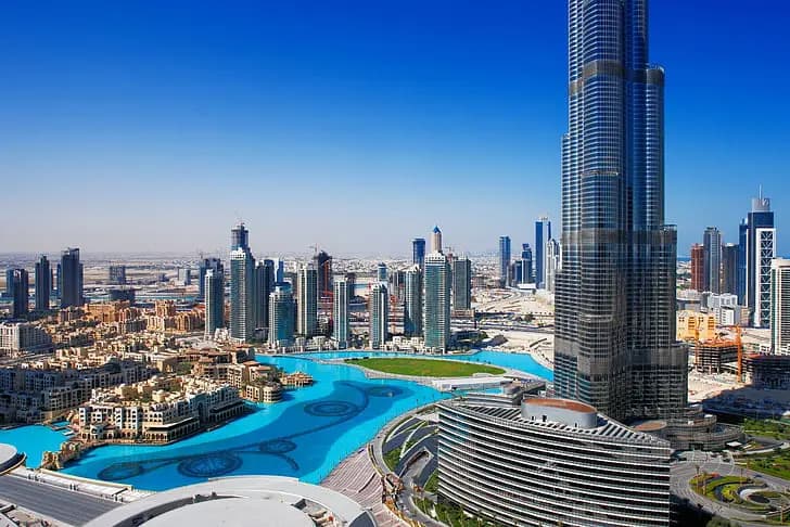 Aerial view of downtown Dubai and the fountain lake