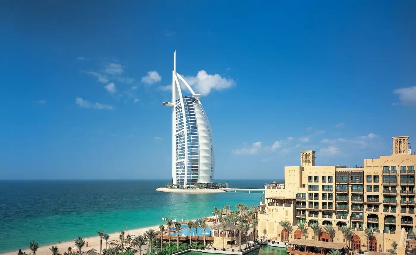 Aerial view of Burj Al Arab and the Dubai coastline