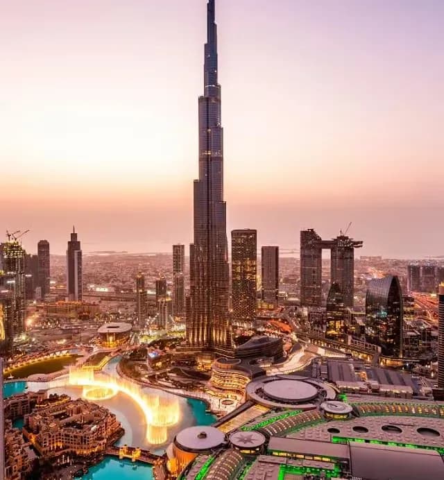 Burj Khalifa and downtown Dubai at dusk