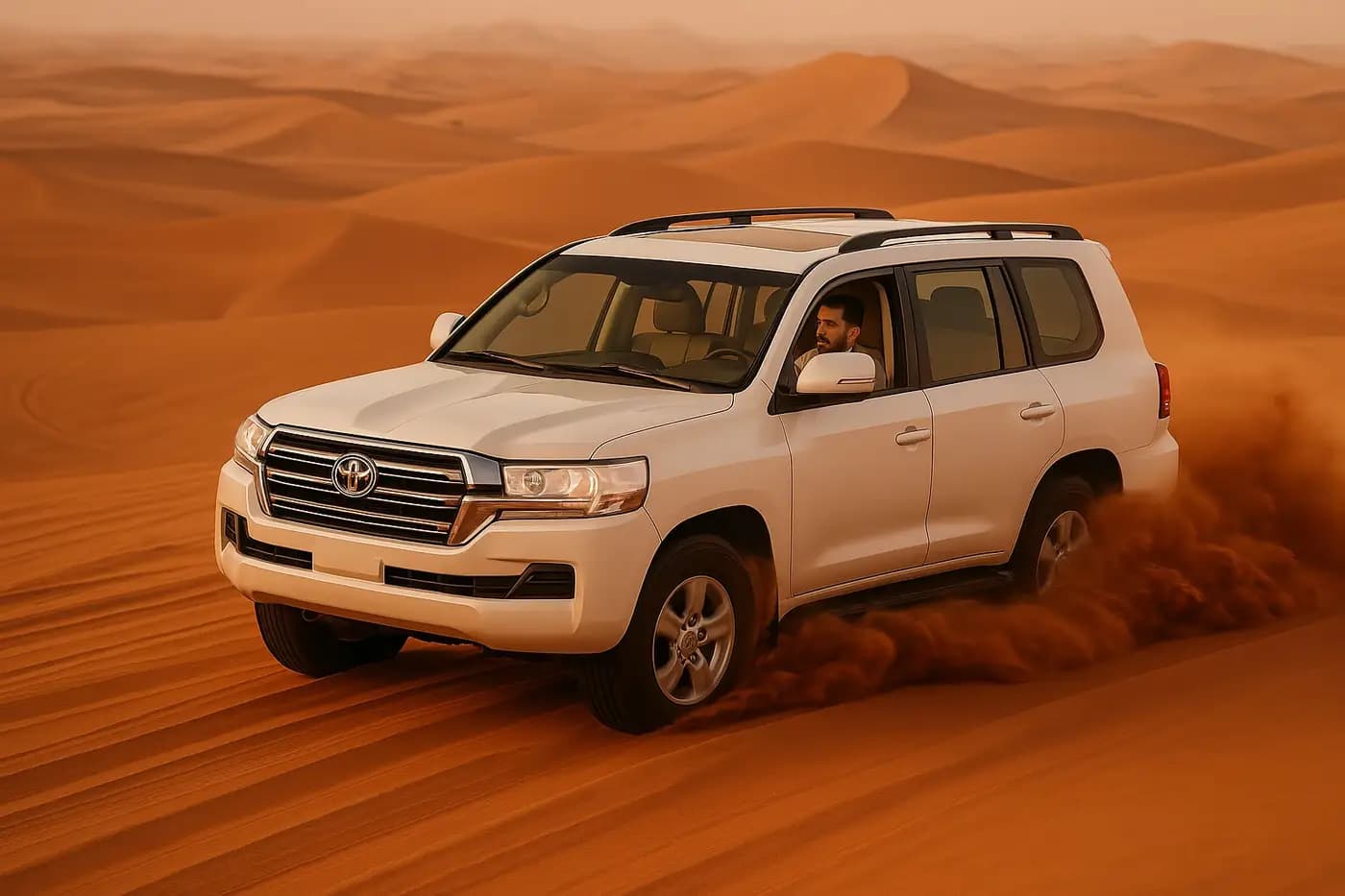 White 4x4 dune bashing in golden sunrise light