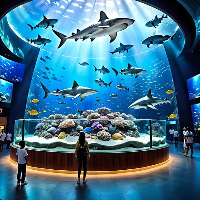 Visitors in front of the tall aquarium tank