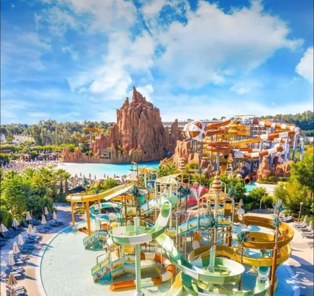 Wide view across the Aquaventure waterpark rides and pools