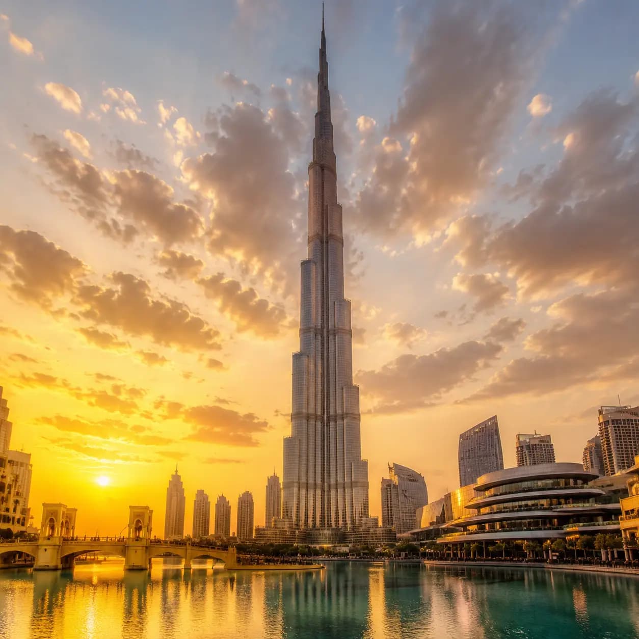 Burj Khalifa rising over Downtown Dubai at sunset
