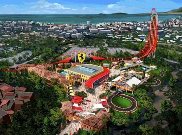 Aerial view of Ferrari World and its outdoor coaster