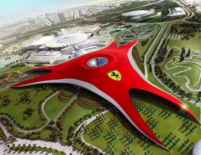 The red Ferrari World roof seen from the air