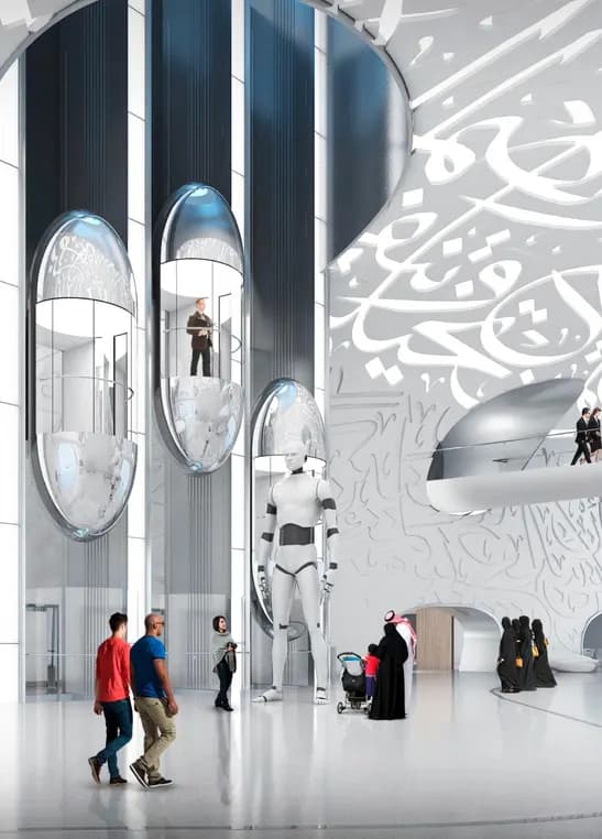 Futuristic interior of the Museum of the Future in Dubai with a humanoid robot