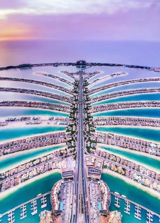 Aerial view of the Palm Jumeirah fronds and beaches in Dubai