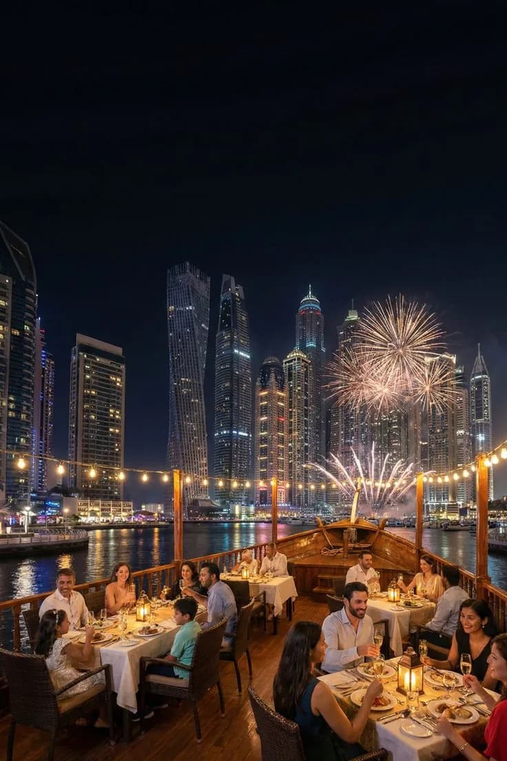 Diners on deck as fireworks light the Marina