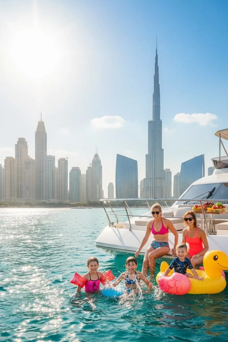 Family swimming beside the yacht in the marina