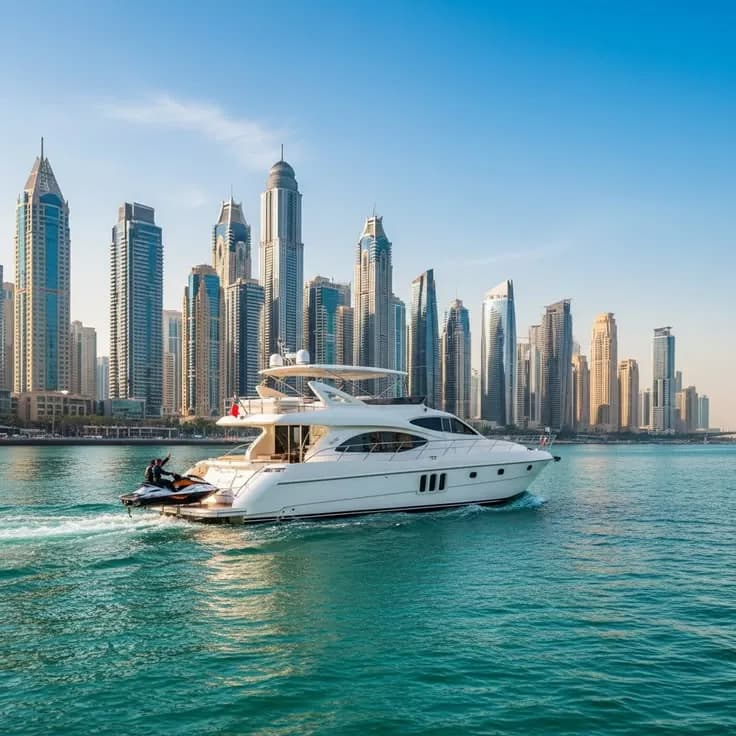The yacht cruising past the Marina skyline