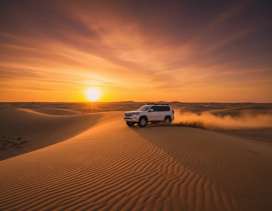 4x4 safari vehicle driving over a dune at sunset