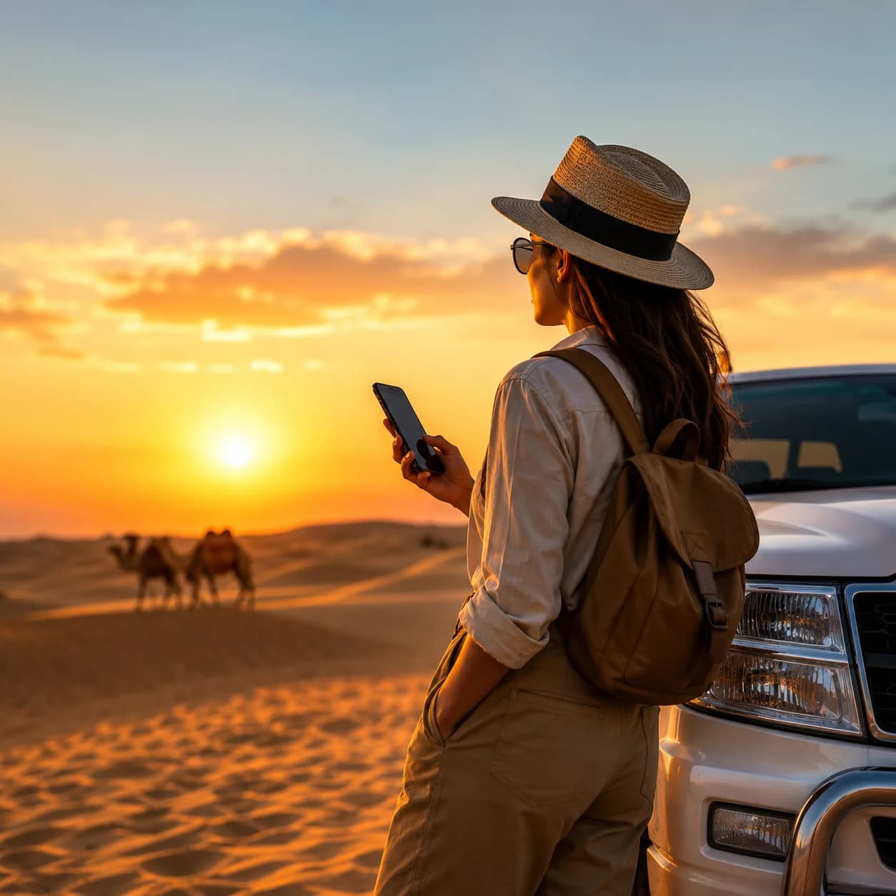 Traveller checking her phone beside a safari vehicle at sunset