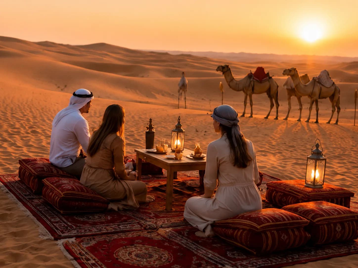 Guests enjoying a desert camp at sunset