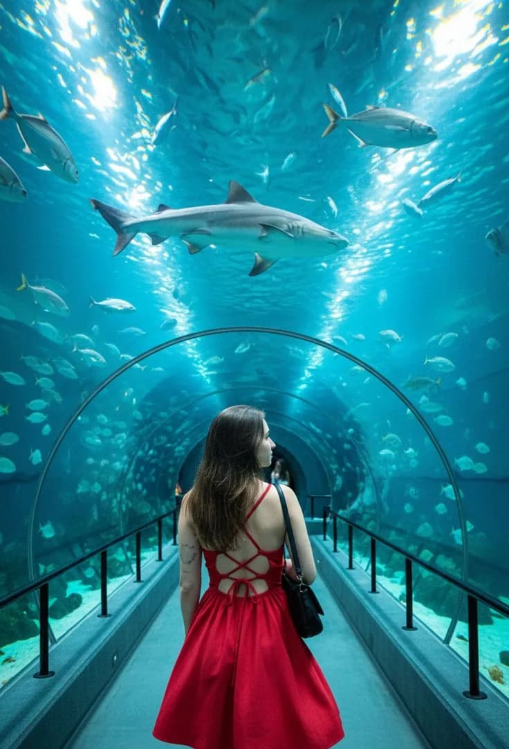 Guest walking the aquarium tunnel below a shark