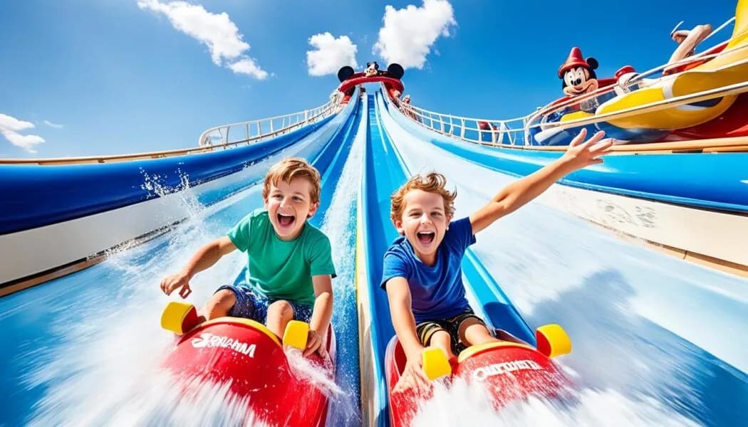 Two children racing down a mat slide at the waterpark