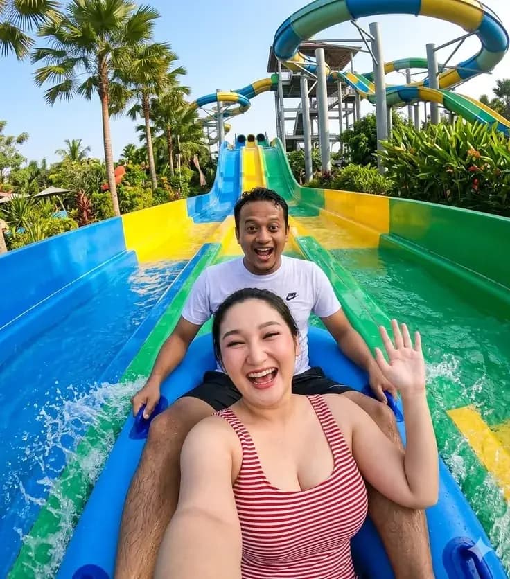 Couple sliding down a raft slide